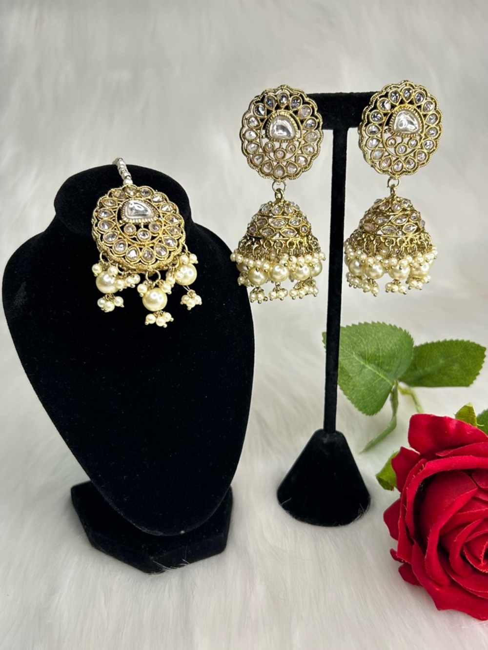 Beautiful Champagne Gold With Pearls Jhumka And Tikka Set